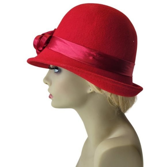 Red Wool Hat Floral Rosette Accents Satin Bows Red Feathers Cloche Bucket Hat - Picture 5 of 14